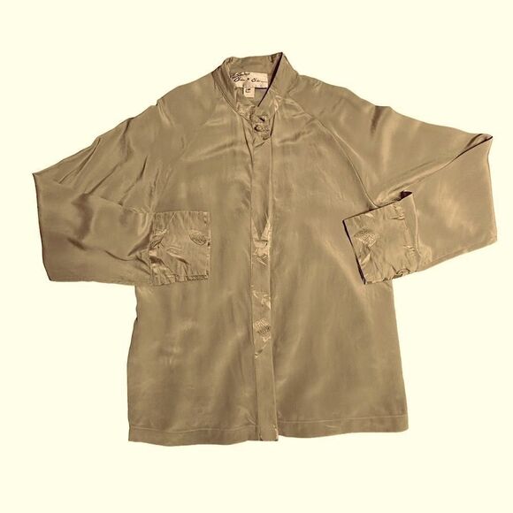 Simone Chin Chin Pale Green Mandarin Collar Blouse Size Medium - Picture 7 of 12